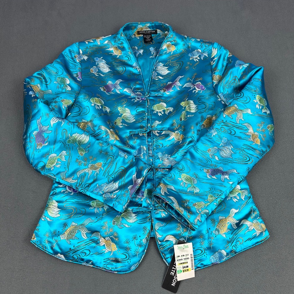 Anne Carson Petite Blue Goldfish Brocade Jacket Frog Closure Satin Mandarin P/L